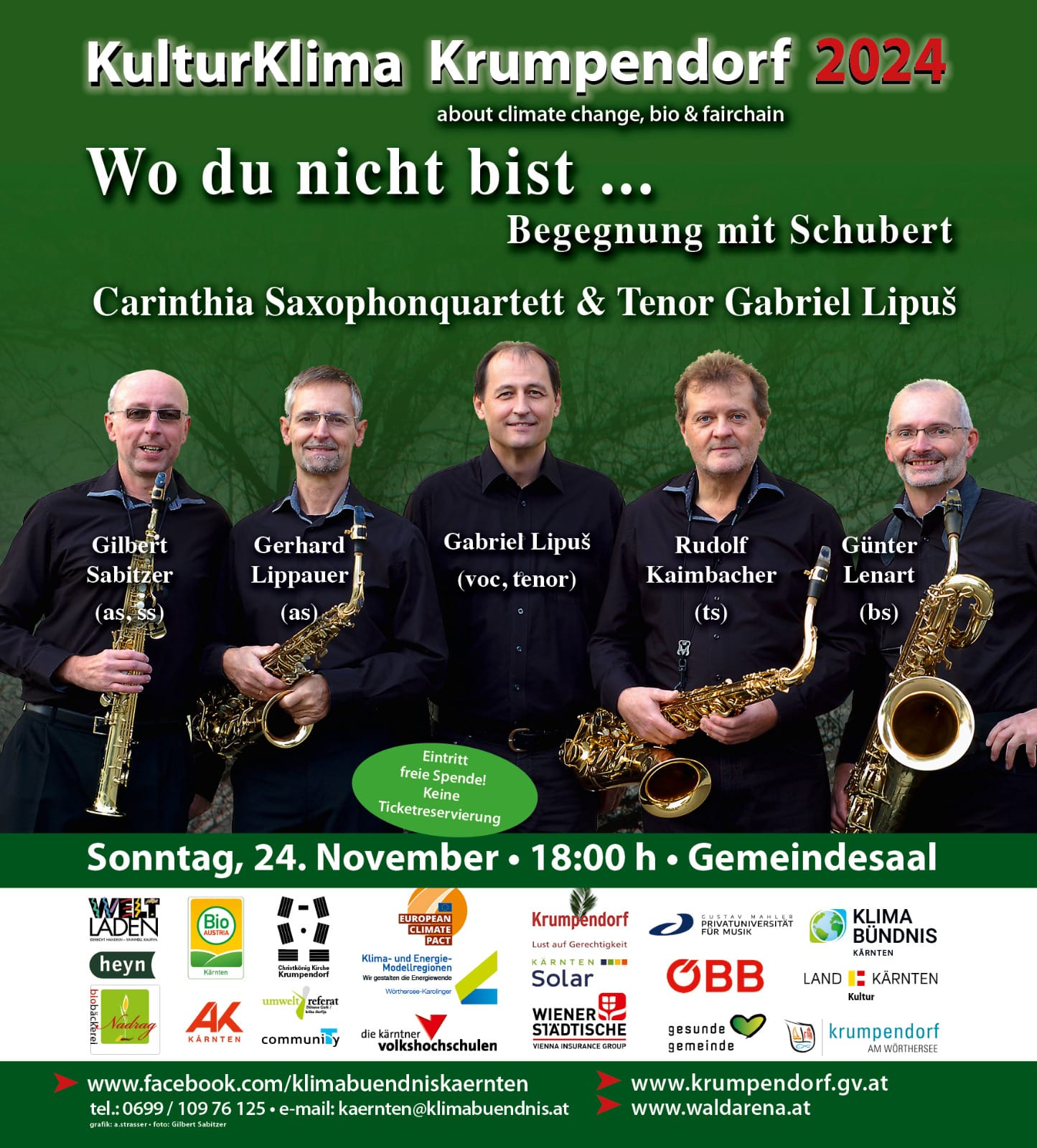 So, 24.11., 18:00 Uhr, Gemeindesaal Krumpendorf: Carinthia Saxophonquartett Gabriel Lipuš (Tenor)