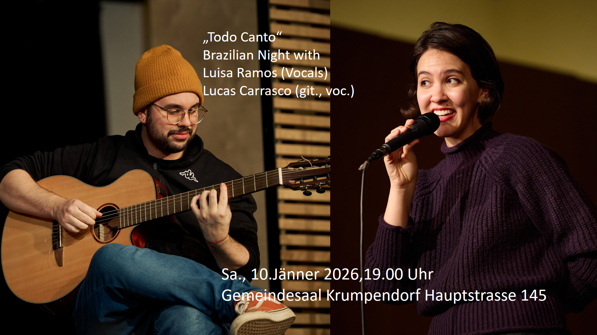 Sa.,10.01., 19:00 Uhr, Gemeindesaal Krumpendorf: Brazilian Night with Luisa Ramos & Lucas Carrasco