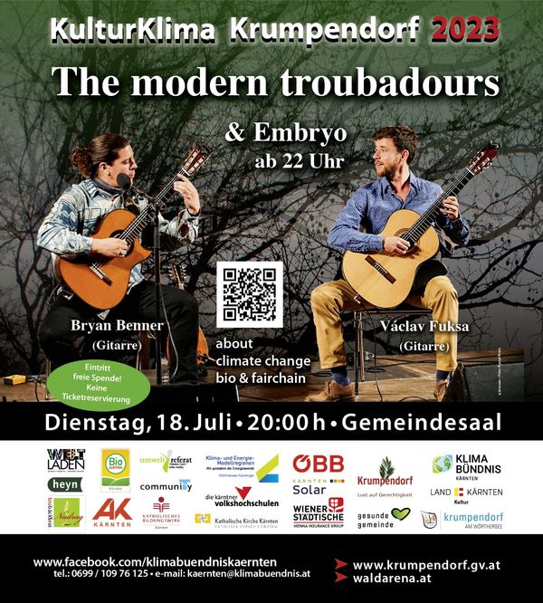 18.07., 20:OO Uhr - Bryan Benner (git., voc.) & Vaclav Fuksa (git.) - The Modern Troubadours & Embryo - wegen Regen im Festsaal der Gemeinde Krumpendorf