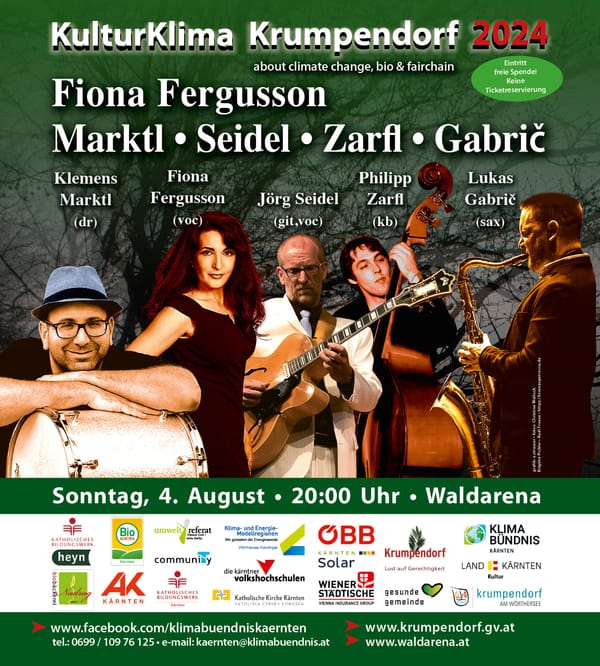 So.,04.08.24, 20:00 Uhr, Waldarena: Fiona Fergusson (voc.) Jörg Seidel: git, Philipp Zarfl: b, Klemens Marktl: dr Lukas Gabric: sax