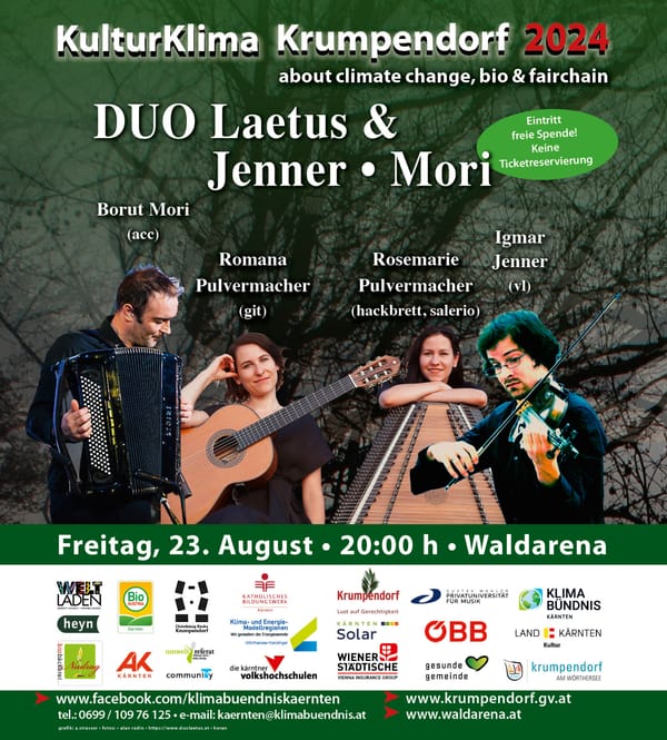 Fr. 23.08.24, 20:00 Uhr Waldarena: Duo Laetus - Romana Pulvermacher, Gitarre, Rosemarie Pulvermacher, Konzerthackbrett und Salterio & Igmar Jenner (violine) - Borut Mori (acc.)